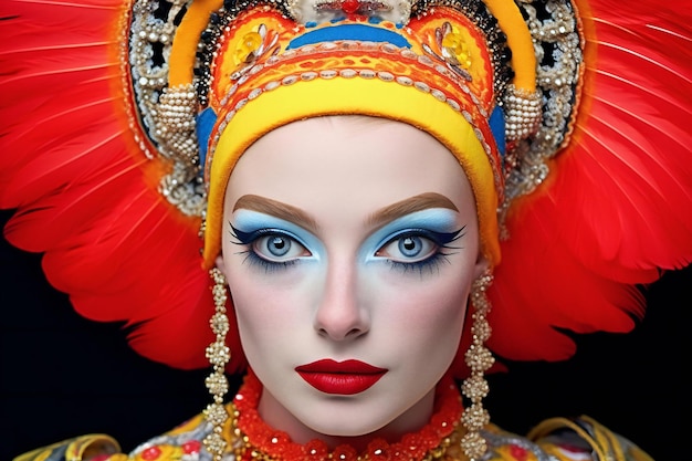 Portrait of a beautiful woman with bright makeup and red feathers