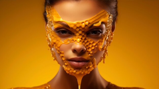 Portrait of a beautiful woman with creative makeup and golden mask