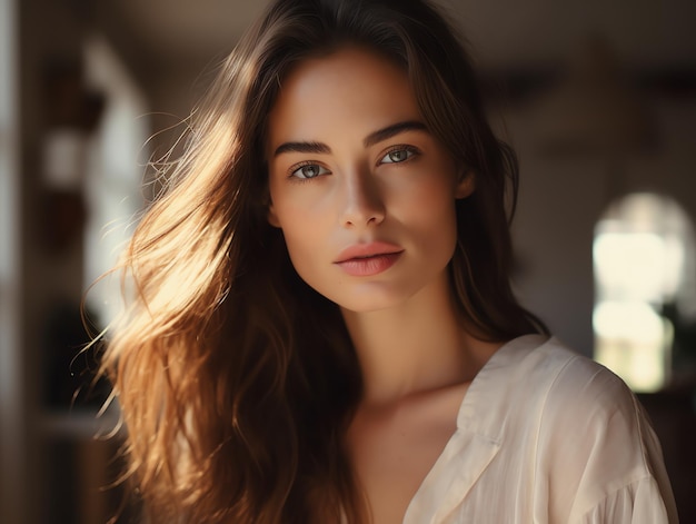 Portrait of beautiful woman with curly hair feeling relax in cozy home