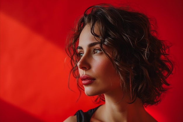 Portrait of beautiful woman with curly hair on red background