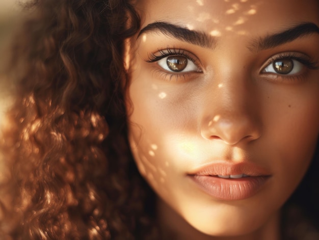 Photo portrait of a beautiful woman with dark brown curly hair. ai-generated.