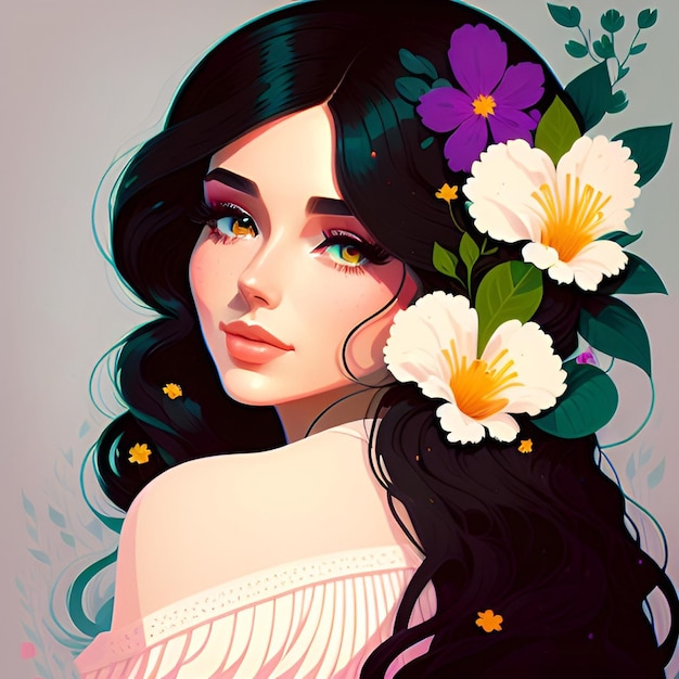 Portrait of a beautiful woman with flowers in her hair Cartoon style Vector style Generative Ai