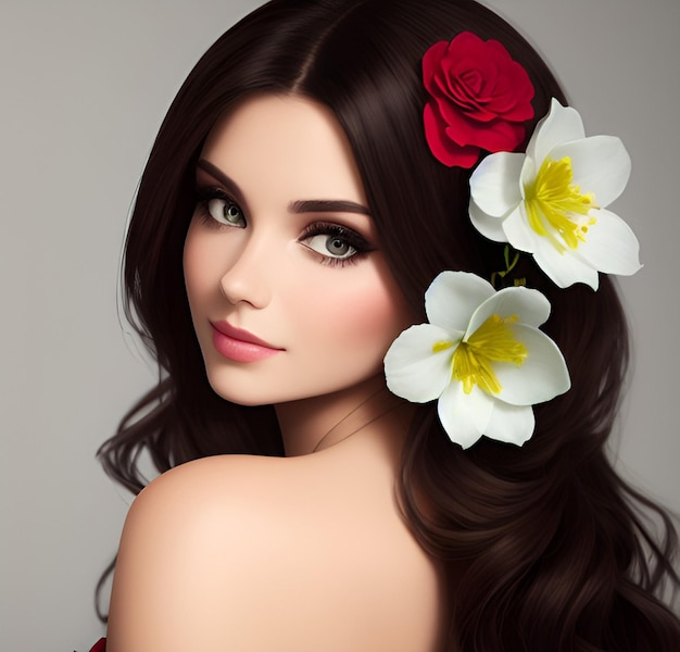 Портрет красивой женщины с цветами в волосах Generative Ai