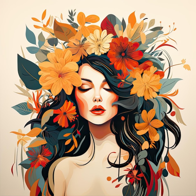 Portrait of a beautiful woman with flowers illustration