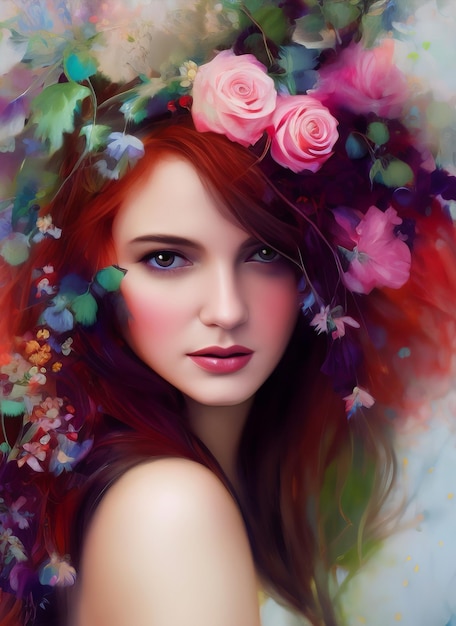 Portrait of a beautiful woman with flowers and roses