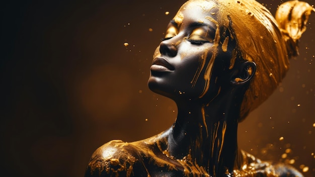 Photo portrait of a beautiful woman with golden paint on her body beauty fashion