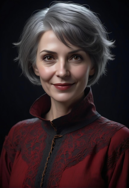 Portrait of a beautiful woman with gray hair in a red dress