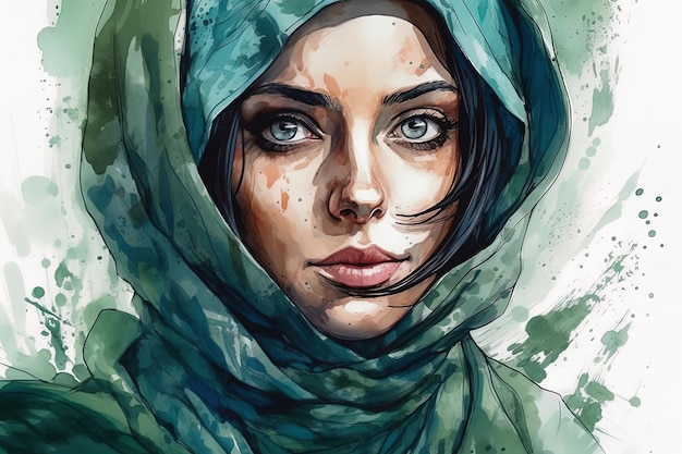 Портрет красивой женщины с зеленым хиджабом или шарфом, покрывающим голову Акварельная живопись