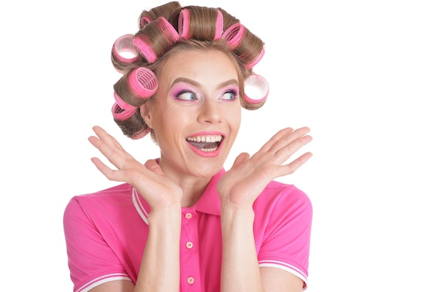 Portrait of beautiful woman with hair curlers