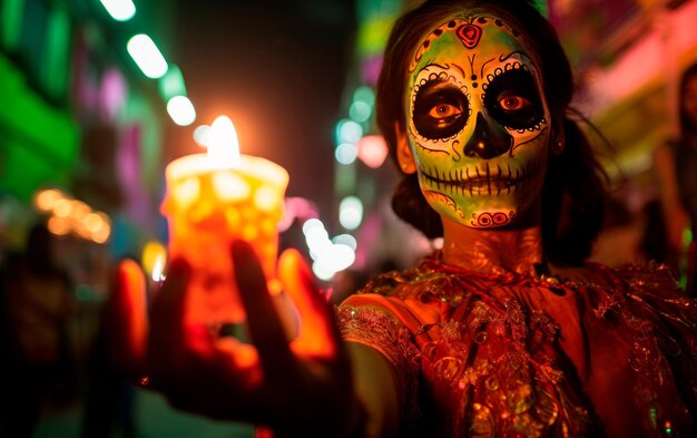 Portrait of beautiful woman with Katrina skull makeup on the street Day of the dead