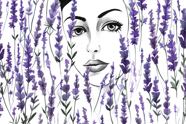 Portrait of beautiful woman with lavender flowers Hand drawn illustration