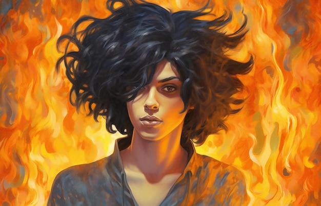 Portrait of a beautiful woman with long black hair in the fire