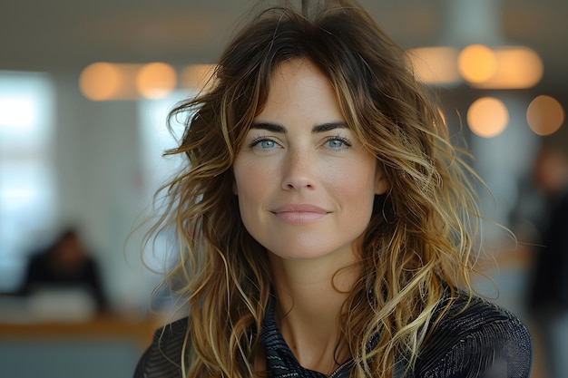 Portrait of a beautiful woman with long brown hair looking at the camera