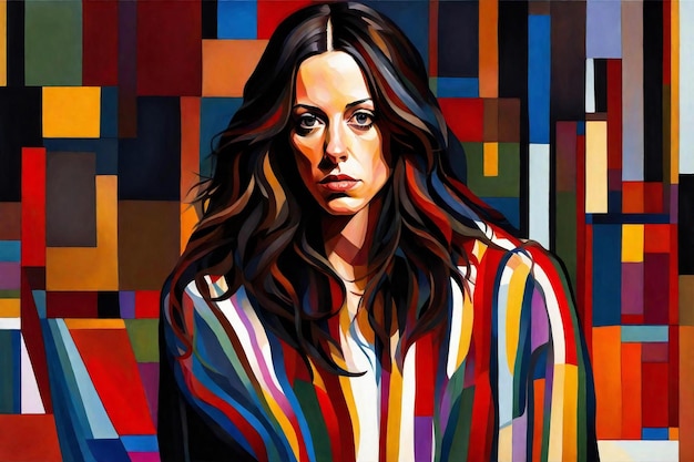 Portrait of a beautiful woman with long hair in colorful striped shirt