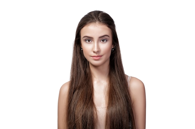 portrait of beautiful woman with long hair isolated on white background.