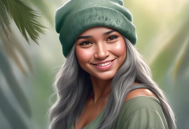 Portrait of a beautiful woman with long hair wearing a green hat