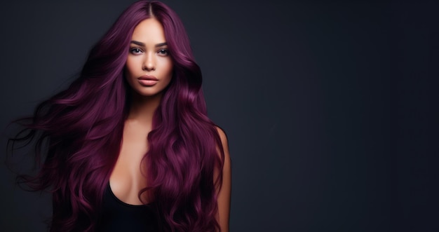 Portrait of a beautiful woman with long purple hair