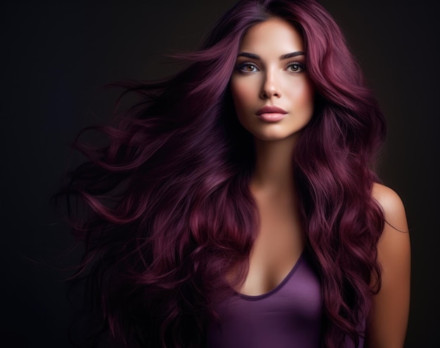 Portrait of a beautiful woman with long purple hair