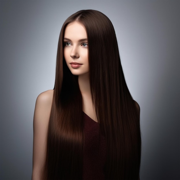 Портрет красивой женщины с длинными прямыми коричневыми волосами