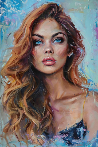 portrait of a beautiful woman with long wavy hair oil painting