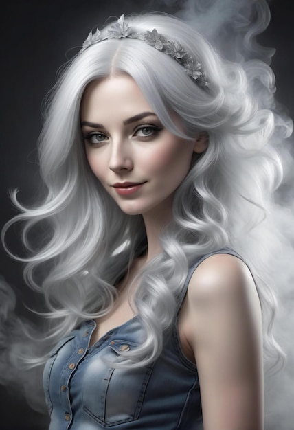 Portrait of a beautiful woman with long white hair Hairstyle and makeup