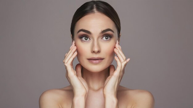 Portrait of beautiful woman with natural make up touching her face