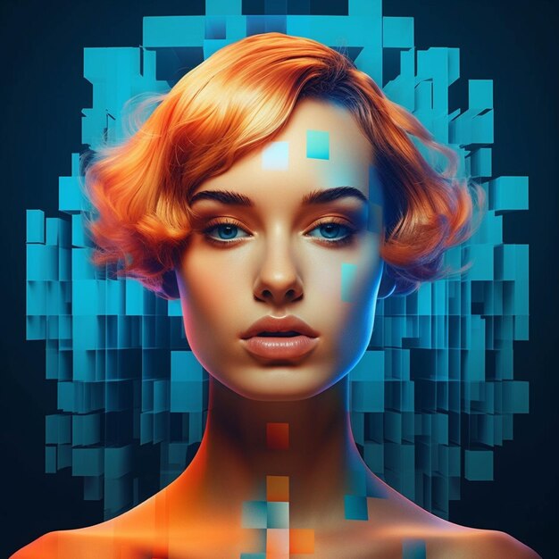 Portrait of a beautiful woman with red hair and blue eyes 3d rendering