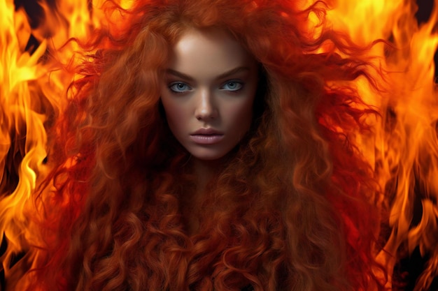 Photo portrait of a beautiful woman with red hair in the fire