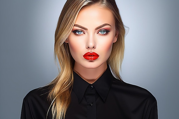 Portrait of beautiful woman with red lips and evening makeup