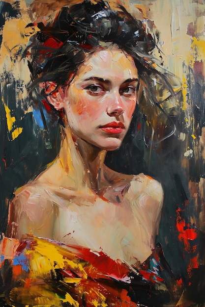 Portrait of a beautiful woman with red lips Oil painting