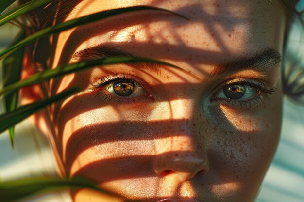 Portrait of beautiful woman with shadows of palm leaf on her face