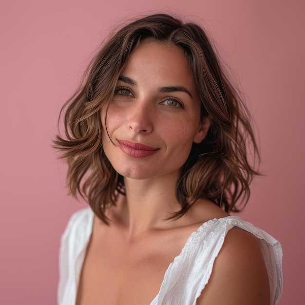 Portrait of a beautiful woman with short hair on a pink background