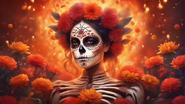 砂糖の頭蓋骨のメイクアップをした美しい女性の肖像画死者の日(Dia de los muertos)