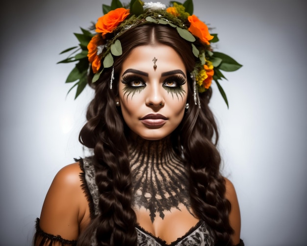 Portrait of beautiful woman with sugar skull makeup and flowers in her hair