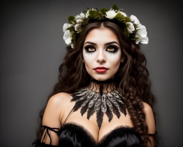 Portrait of beautiful woman with sugar skull makeup and flowers in her hair