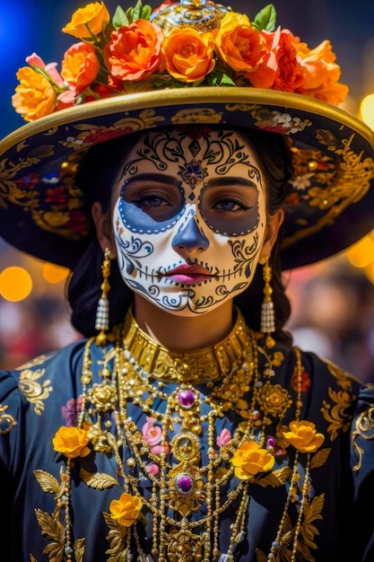 Portrait of a beautiful woman with traditional catrina costume on night of the dead in Mexico