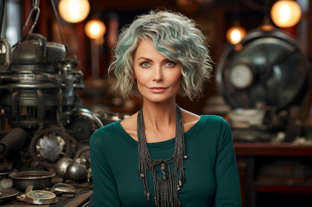 Portrait of a beautiful woman with turquoise hair in a jewelry store