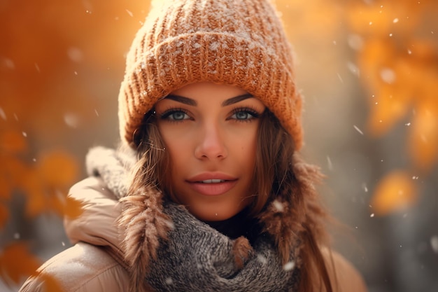 Portrait of a beautiful woman in a yellow hat Image of late autumn and the first snow AI Generated