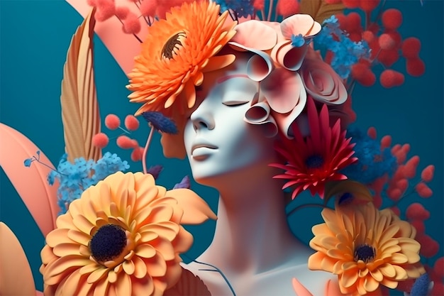 パステル調の花の組成物に分離された美しい女性の肖像 ジェネレーティブ AI