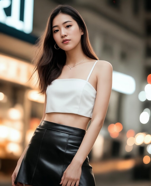 portrait of a beautiful women wearing tank top and mini skirt standing in front of store