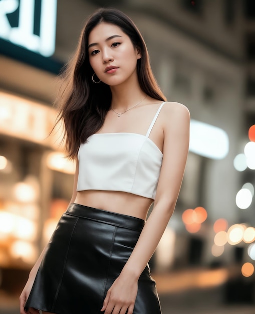 店の前に立つタンクトップとミニスカートを着た美しい女性のポートレート