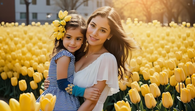 Portrait of a beautiful women with her baby girl A mother hugging her baby girl in field of tulip flower Concept of Happy Mothers Day Motherhood and love