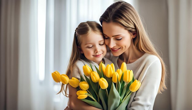 Portrait of a beautiful women with her baby girl A mother hugging her baby girl in home with tulip flower bouquet Concept of Happy Mothers Day Motherhood and love