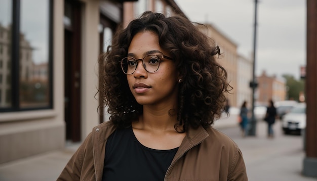 Photo portrait of a beautiful young african american woman in eyeglasses outdoors ai generative