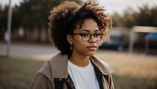 Portrait of a beautiful young african american woman in eyeglasses outdoors ai generative