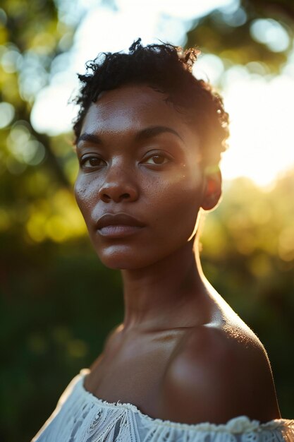 Photo portrait of a beautiful young african american woman outdoors