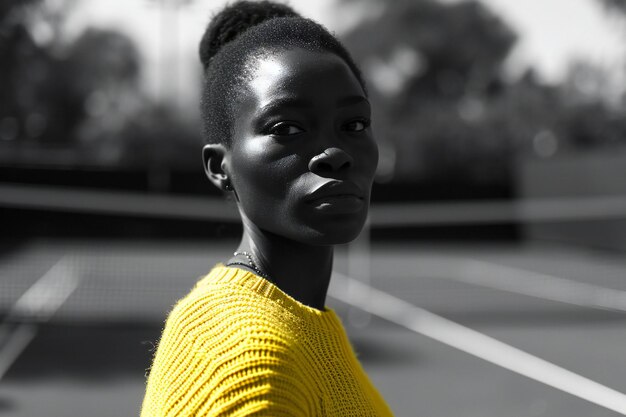 Photo portrait of a beautiful young african american woman on tennis court