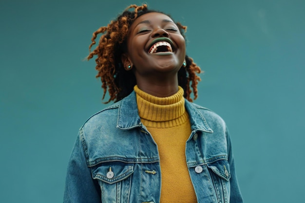 Portrait of a beautiful young african woman laughing against blue background