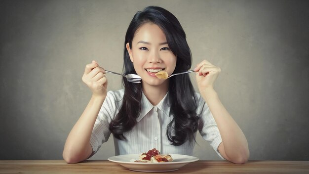 写真 美しい若いアジアのビジネスウーマンがスプーンとフォークで食べる準備ができている肖像画