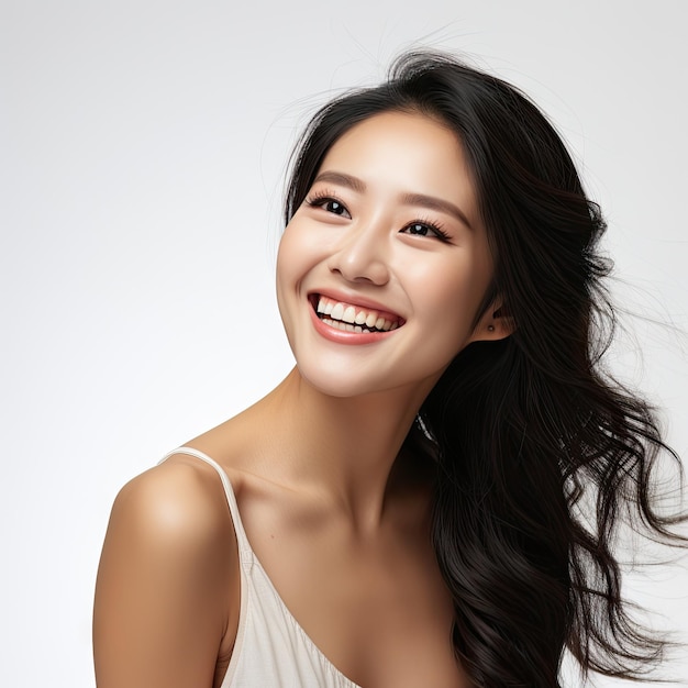 portrait of a beautiful young asian model woman laughing and smiling with clean teeth